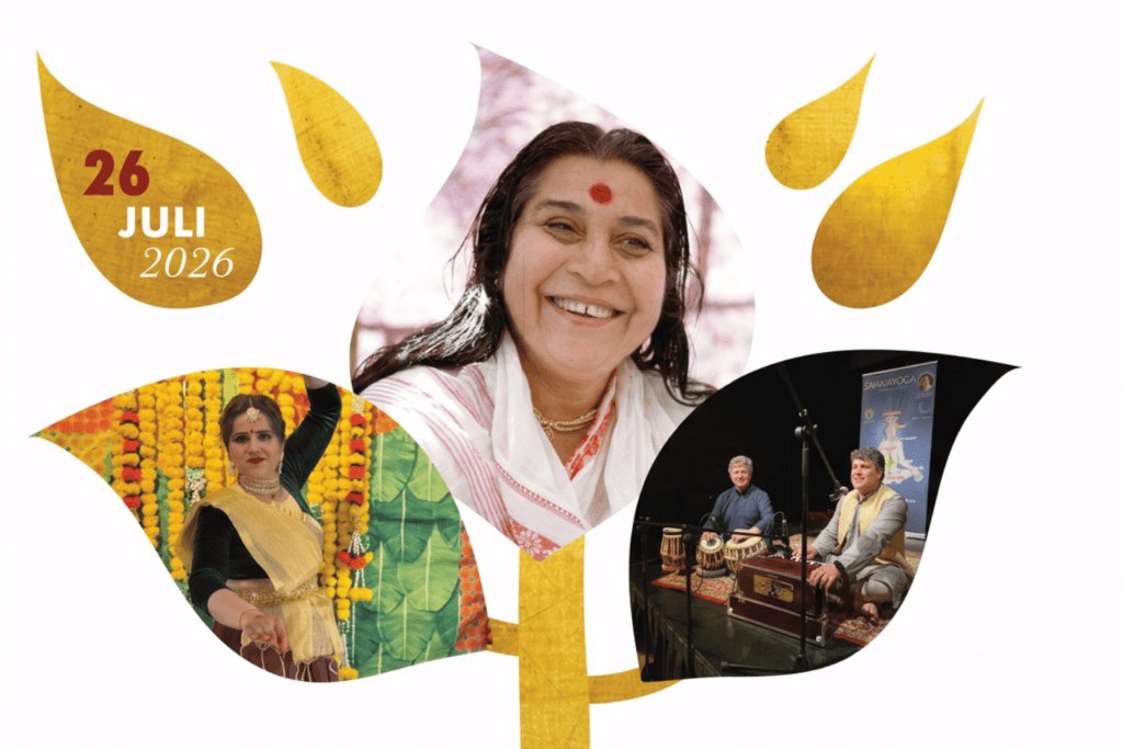 Tree of life with three images in petals of Indian dancer, Shri Mataji and musicians